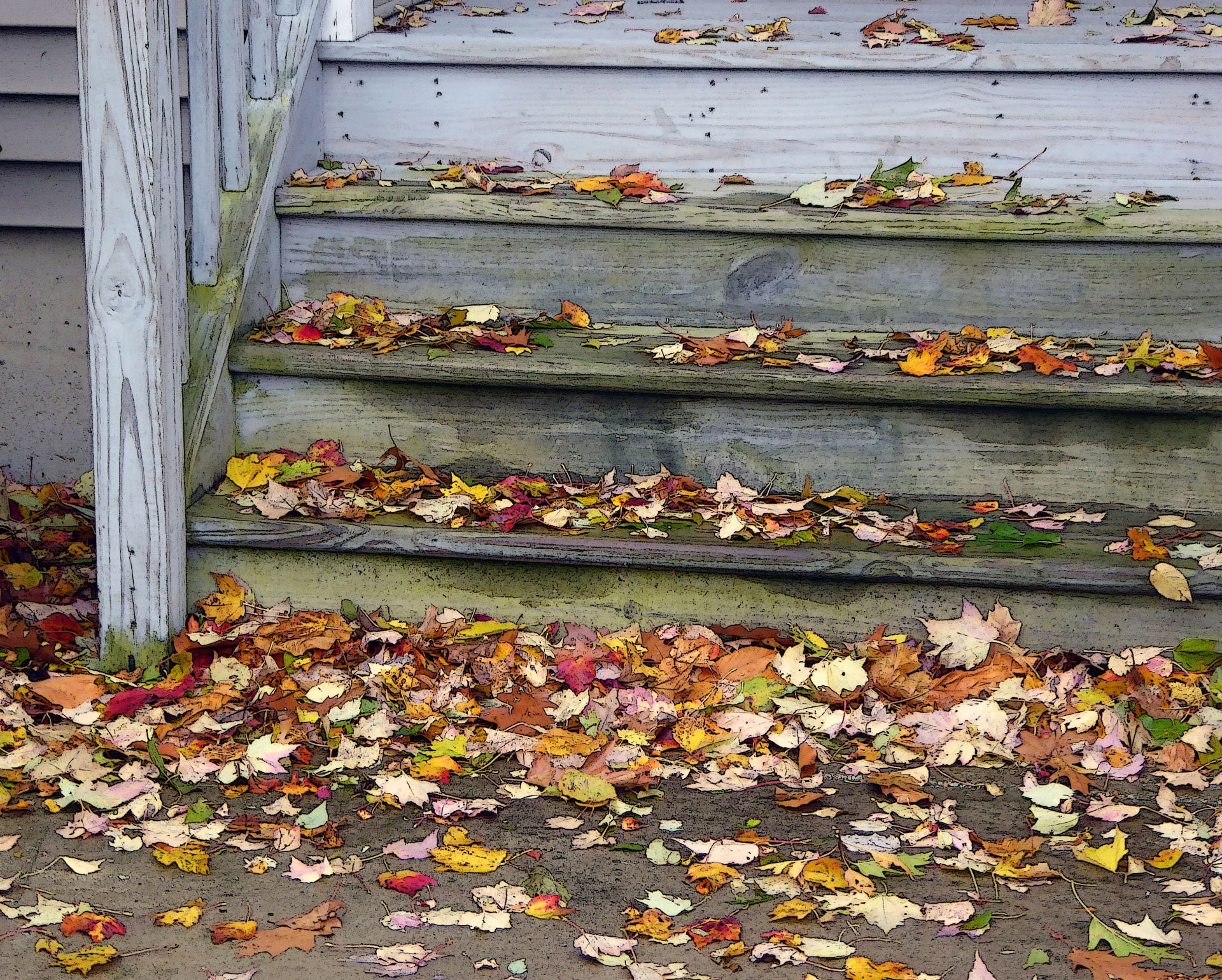 На пороге дождь. Осеннее крыльцо. Листья на крыльце. Дача. Осень. Осенние листья на улице.