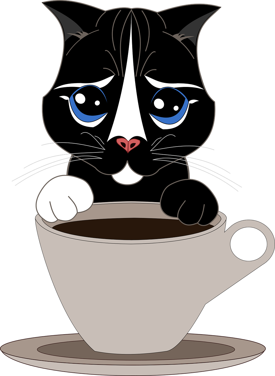 Кошка клипарт. Кошечки в чашечке. Котик в чашке. Кошка пьет кофе.